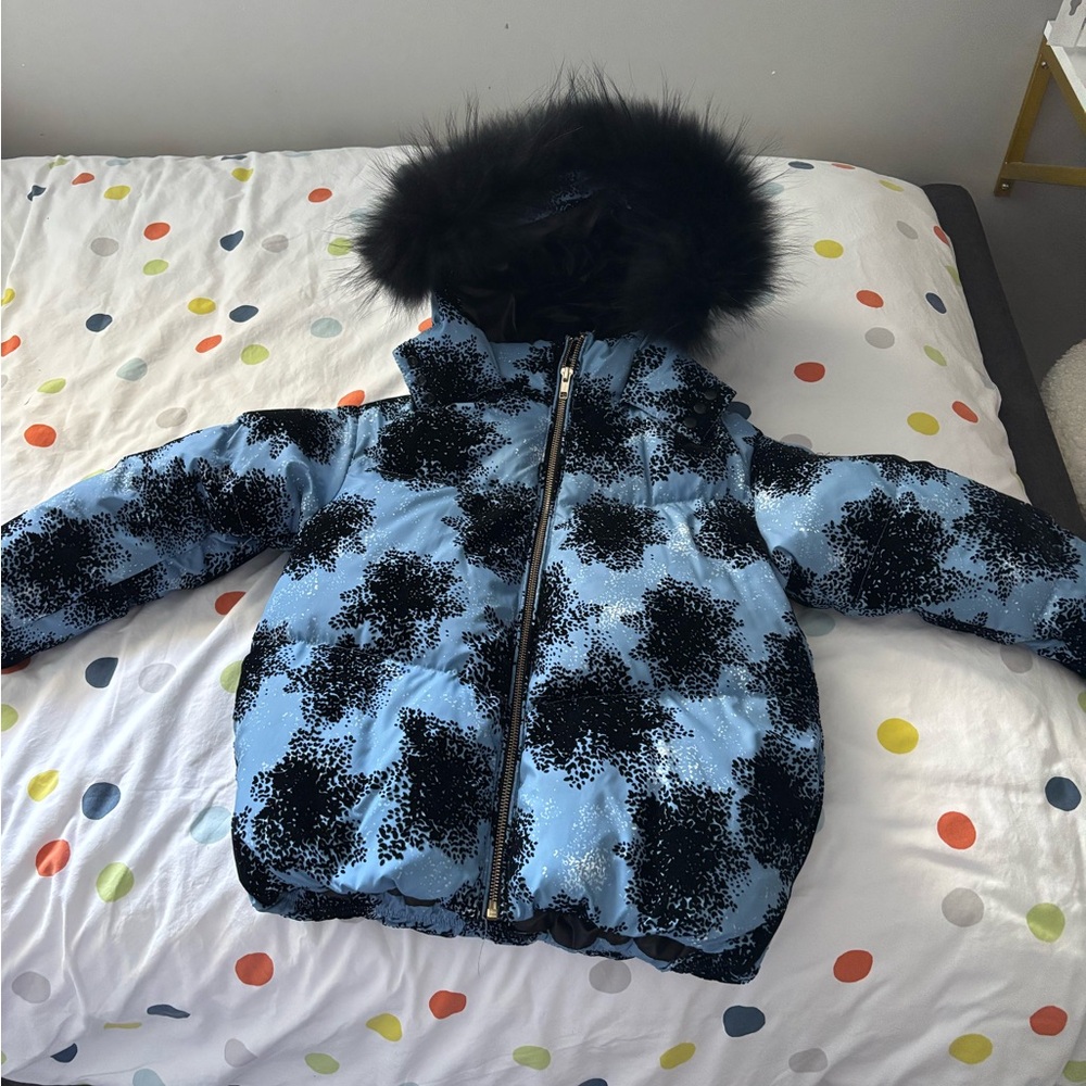 Scotch bonnet Blue and Black Puffer Jacket with Fur Hood
